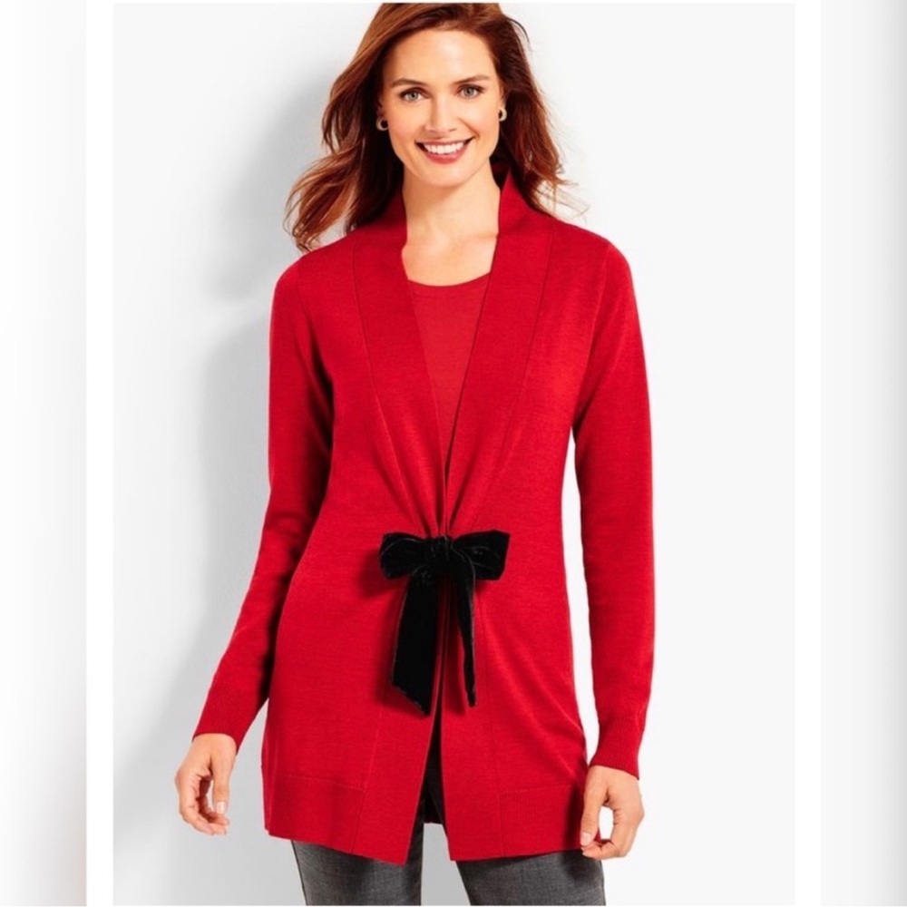 NWT Talbots100% Wool Open Front Sweater Velvet Tie Red Black Holiday Long Leggin